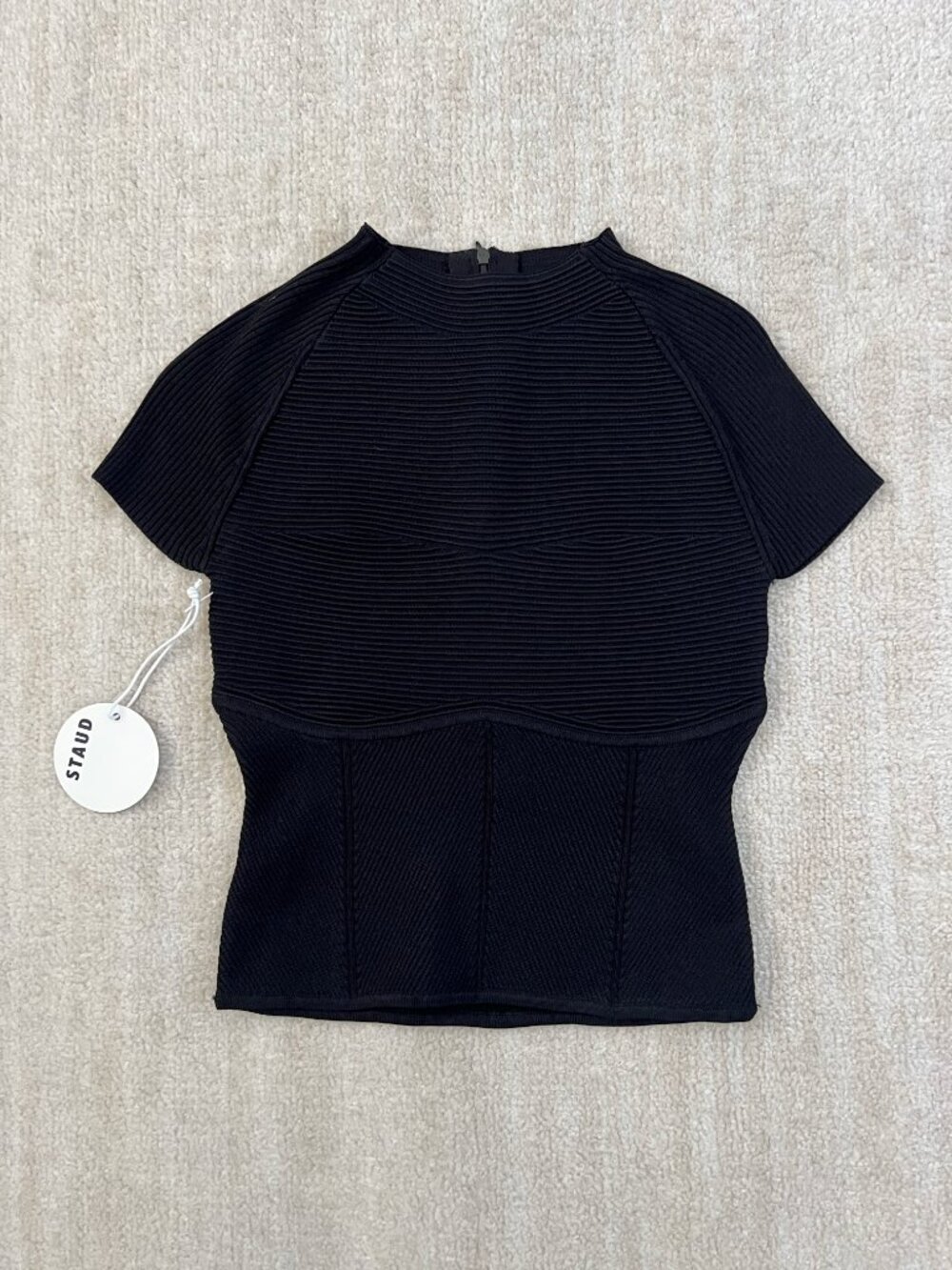 NWT Staud Tigereye Black Ribbed Knit Corset Short Sleeve Top M